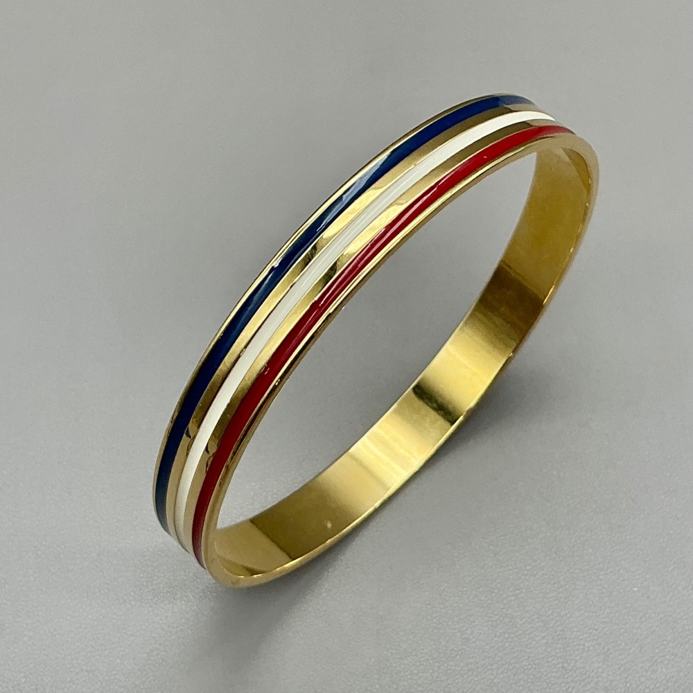 Bangle Bracelet Gold Tone Red White Blue Enamel Striped Nautical Stackable 9664